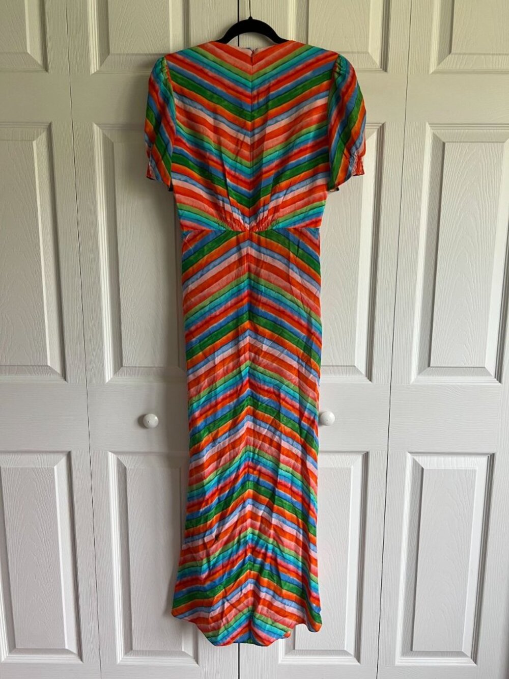 Saloni Lea Orange Red Blue Green Striped Short Sleeve Maxi Dress Women's Size 4 - Picture 13 of 13